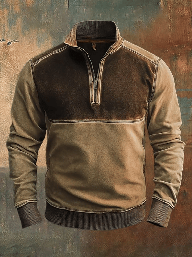 Men'S Casual Retro Contrast Color Zipper Stand Collar Long Sleeve Sweatshirt