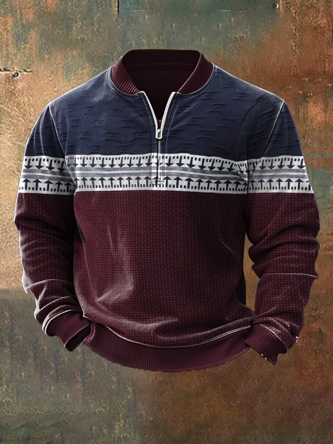 Men'S Casual Retro Contrast Color Half Zip Stand Collar Long Sleeve Sweatshirt