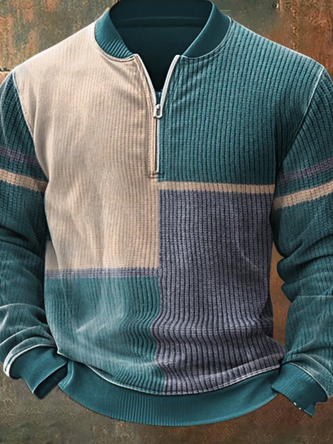 Men'S Casual Retro Contrast Color Half Zip Stand Collar Long Sleeve Sweatshirt
