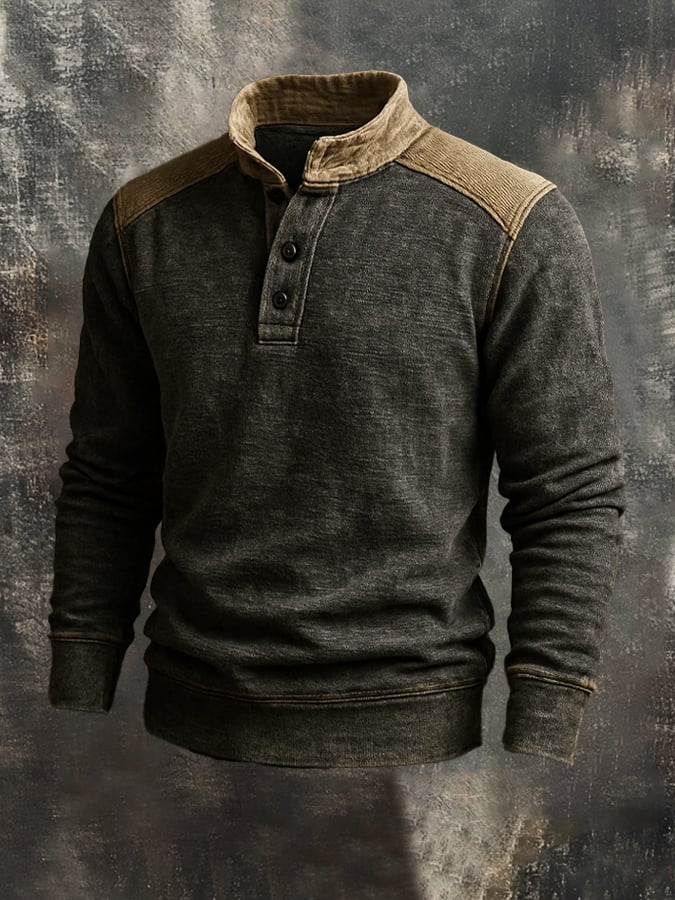 Men'S Casual Retro Contrast Color Stand Collar Long Sleeve Sweatshirt