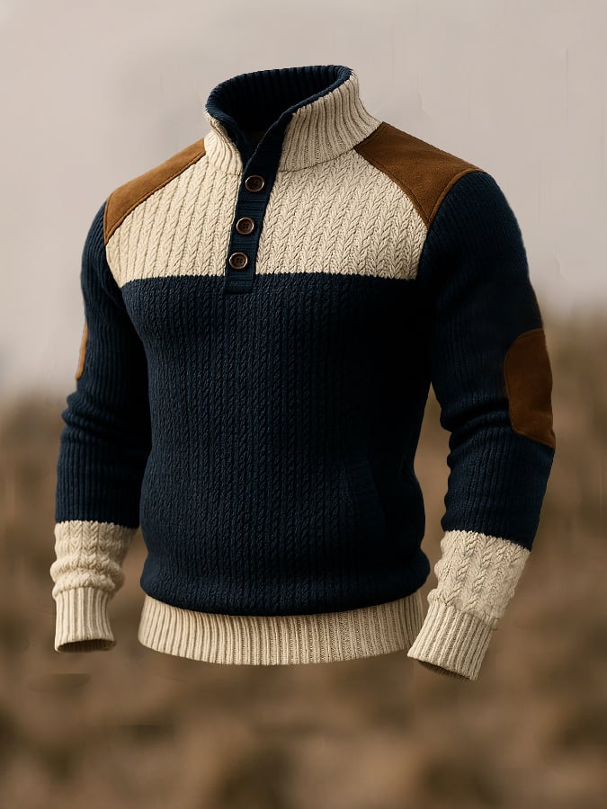 Men's Retro Stitching Contrast Color Button Stand Collar Wool Fisherman Sweater