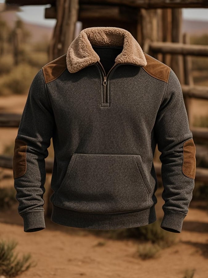 Men's Retro Warm Splicing Zipper Fur Collar Long Sleeve Sweatshirt