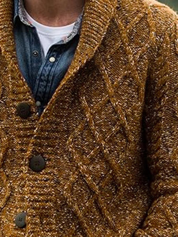 Men's Retro Diamond Pattern Knitted Cardigan Sweater Autumn and Winter Thickened Wool Sweater Jacket
