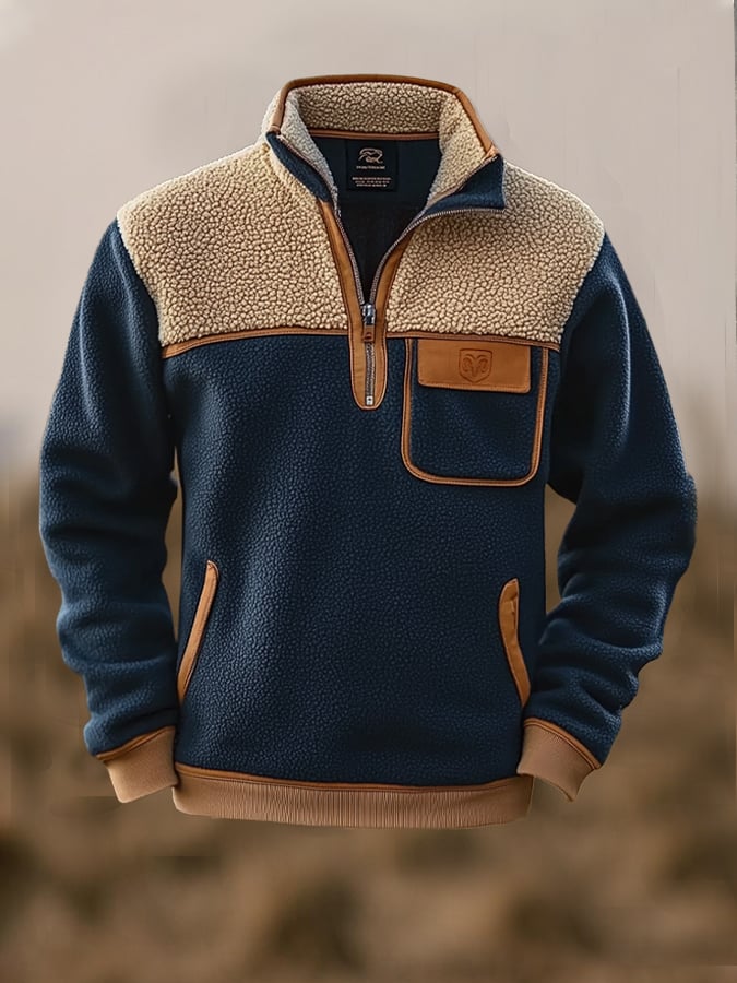 Men's Vintage Lambskin Splicing Zipper Long Sleeve Sweatshirt