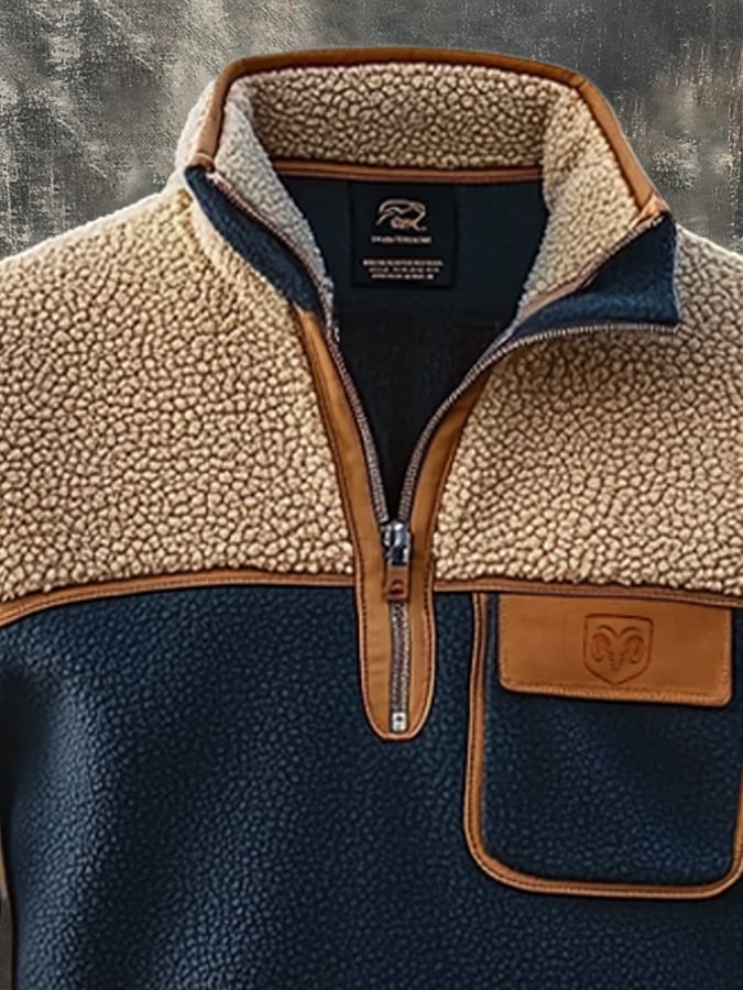 Men's Vintage Lambskin Splicing Zipper Long Sleeve Sweatshirt