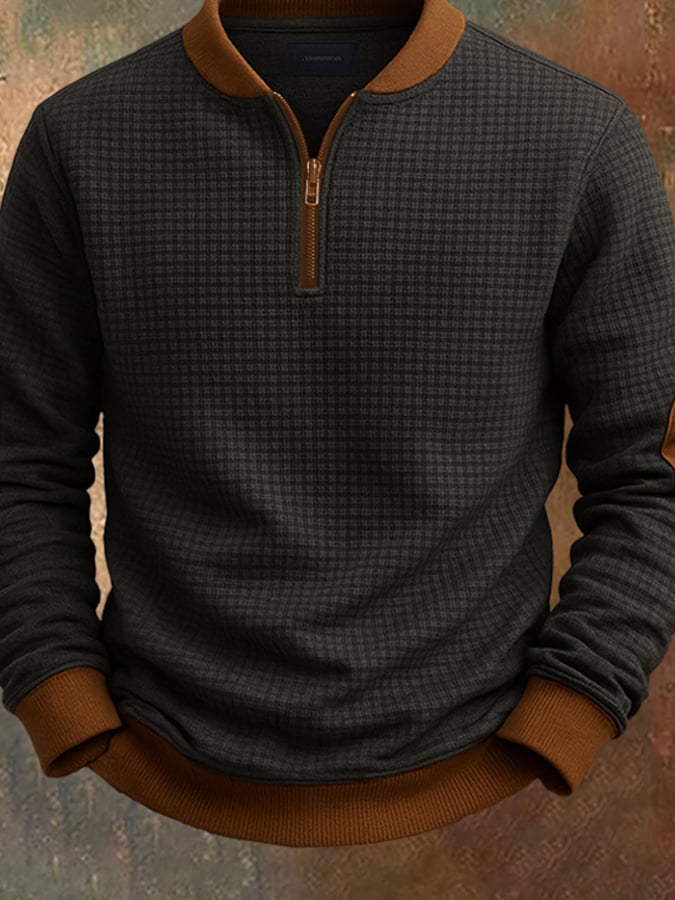 Men's Casual Retro Solid Color Half Zip Stand Collar Waffle Sweatshirt