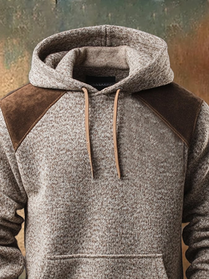 Men'S Vintage Cashmere And Contrast Leather Casual Hooded Sweatshirt