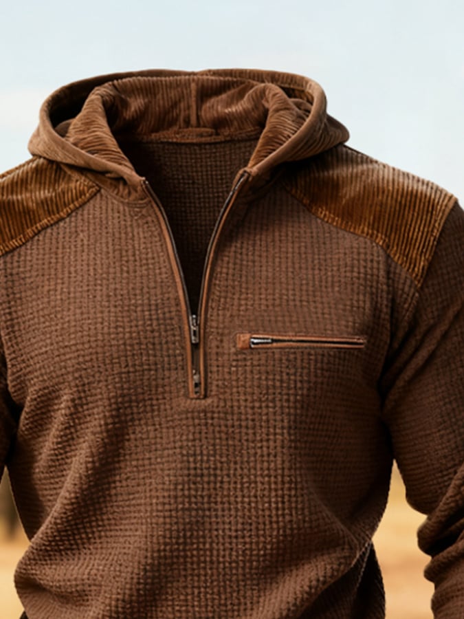 Men's Retro Waffle Panel Contrast Color Half-Zip Hooded Sweatshirt