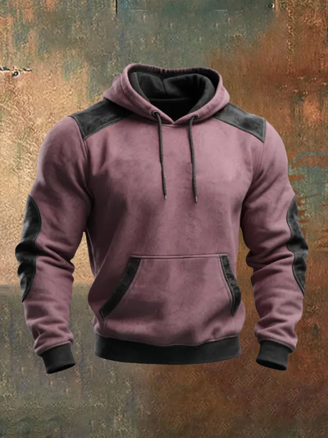 Men's Retro Stitching Contrast Color Hooded Pocket Casual Long Sleeve Sweatshirt