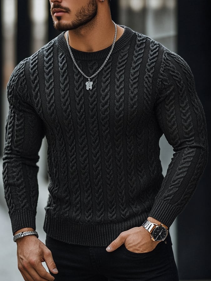 Men'S Fashionable High Elastic Cable Texture Knitted Round Neck Sweater Top