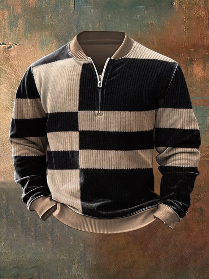 Men'S Casual Retro Contrast Color Half Zip Stand Collar Long Sleeve Sweatshirt