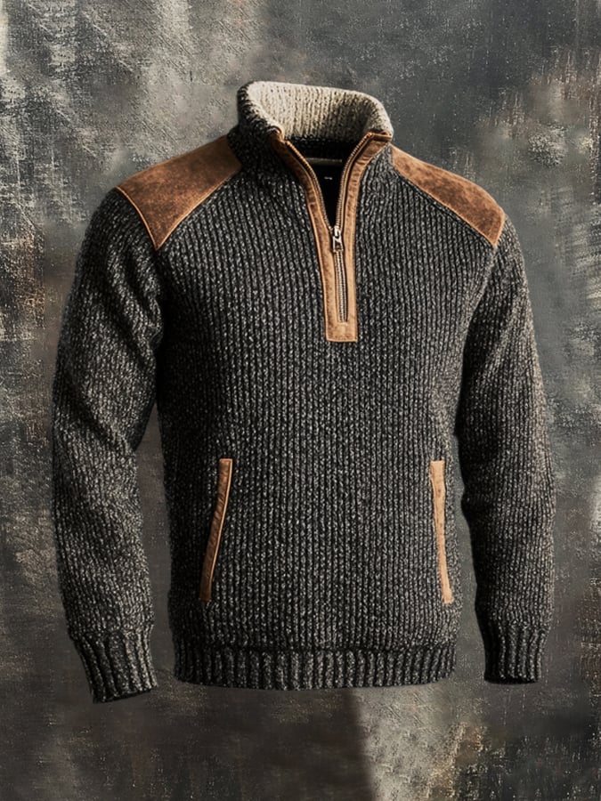 Men's Retro Stitching Contrast Leather Zipper Stand Neck Sweater