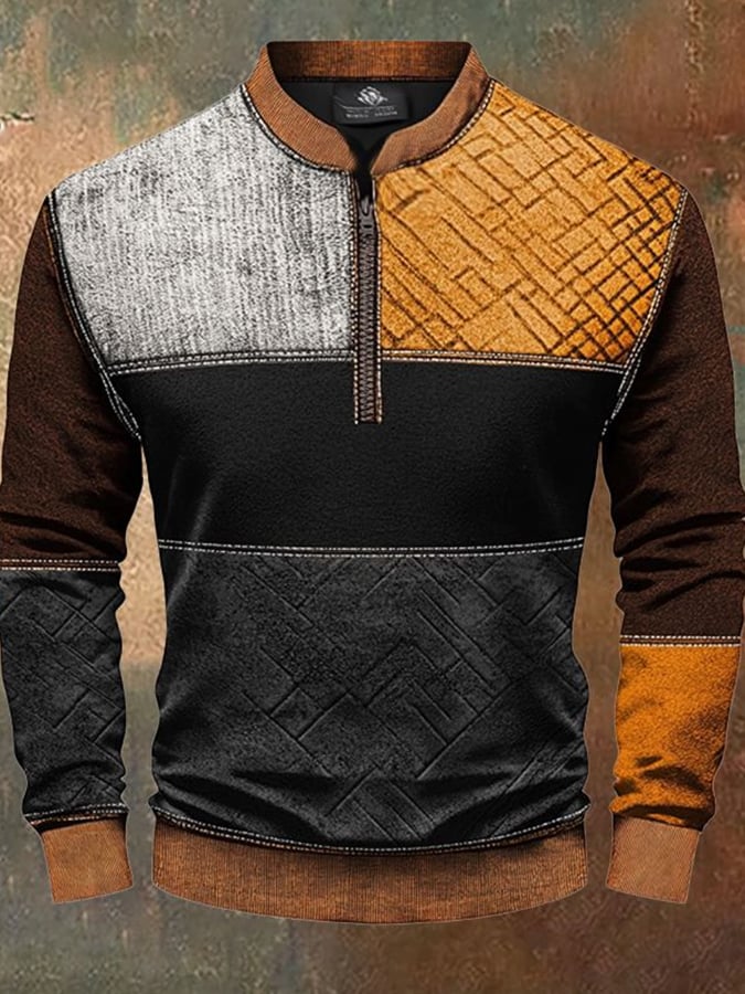 Men'S Casual Retro Contrast Color Half Zip Stand Collar Long Sleeve Sweatshirt