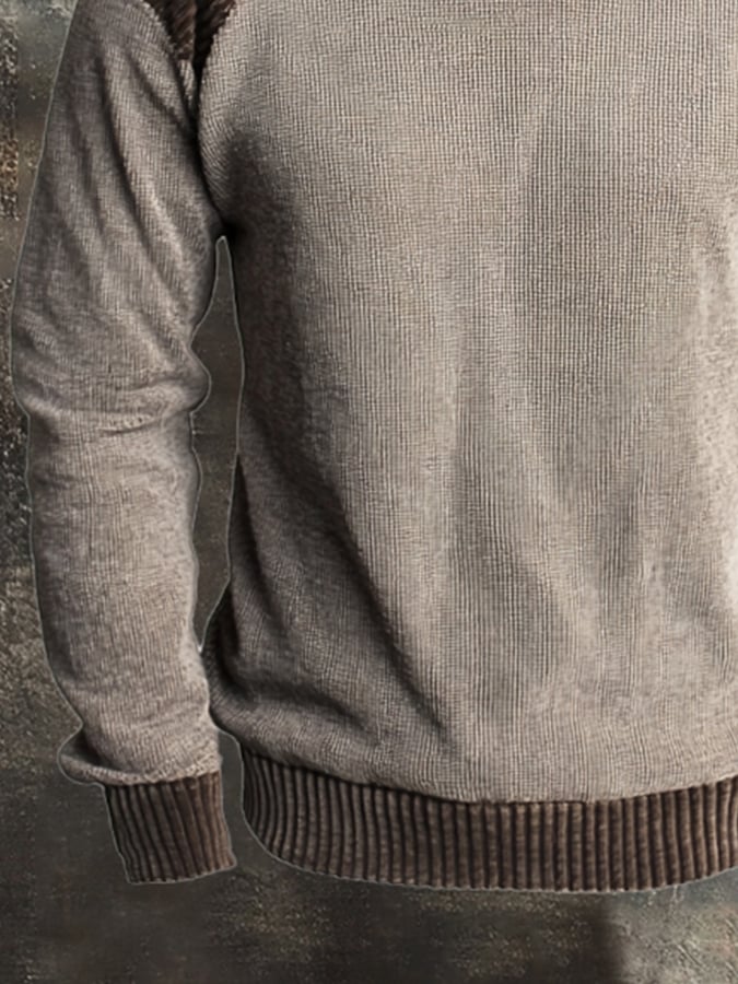 Men's Retro Stitching Contrast Color Casual Knitted Crew Neck Sweater