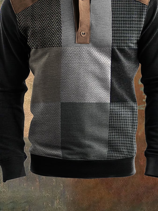 Men'S Casual Retro Contrast Color Stand Collar Long Sleeve Sweatshirt