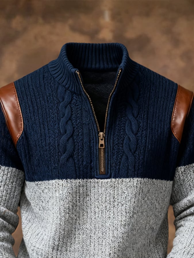 Men'S Vintage Patchwork Leather Contrast Wool