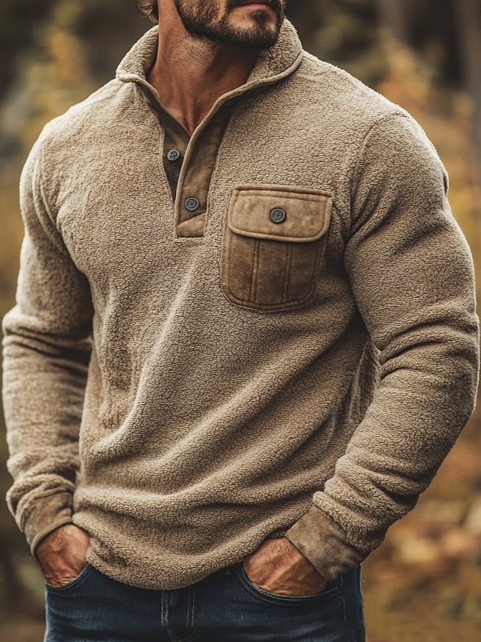 Men's Retro Polar Fleece Stitching Contrast Color Warm Casual Henley Collar Sweatshirt