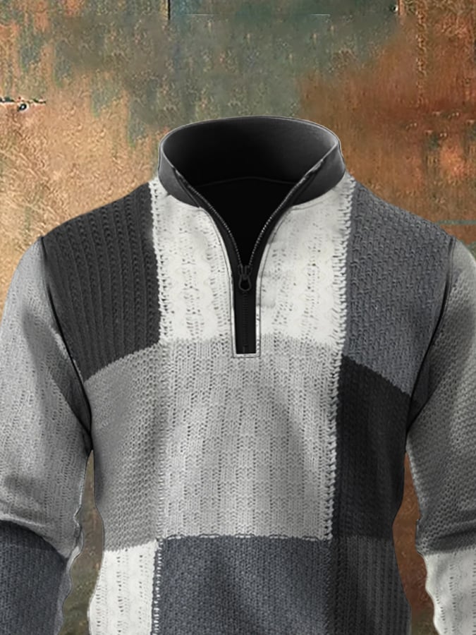 Men'S Casual Retro Contrast Color Half Zip Stand Collar Long Sleeve Sweatshirt