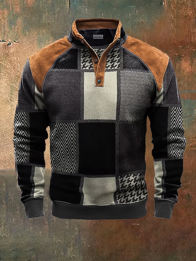 Men'S Casual Retro Contrast Color Stand Collar Long Sleeve Sweatshirt