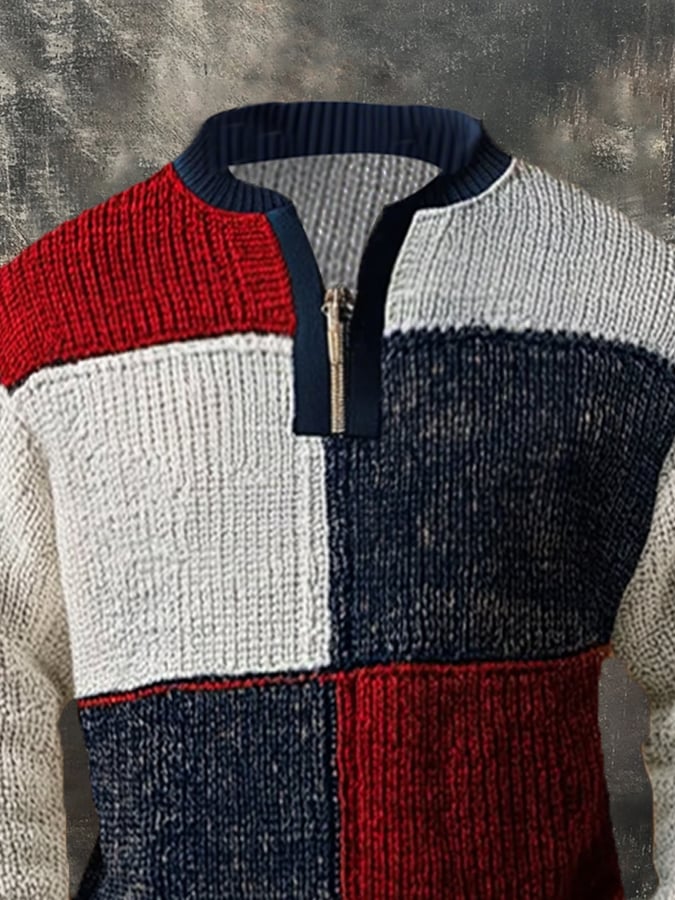 Men's Retro Stitching Contrast Color Zipper Neck Sweater