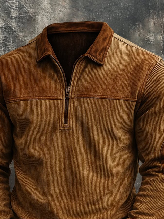 Men's Vintage Distressed Corduroy Zip-Up Collar  Sweatshirt