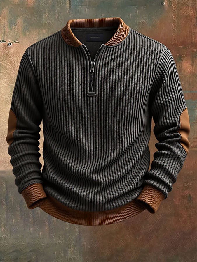 Men'S Casual Retro Contrast Color Half Zip Stand Collar Long Sleeve Sweatshirt