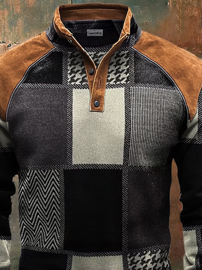 Men'S Casual Retro Contrast Color Stand Collar Long Sleeve Sweatshirt