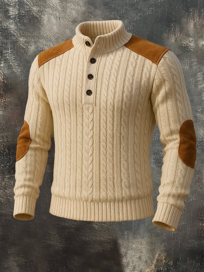 Men's Retro Stitching Contrast Color Button Stand Collar Wool Fisherman Sweater