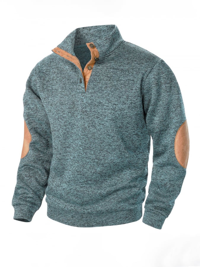 Men's Retro Stitching Contrast Color Henley Collar Long Sleeve Sweatshirt