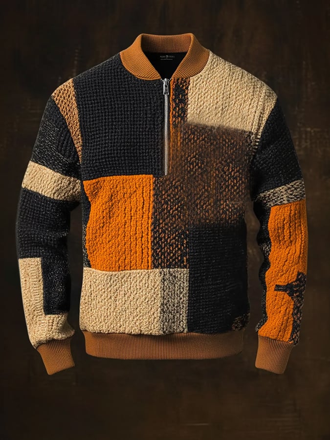 Men'S Casual Retro Contrast Color Half Zip Stand Collar Long Sleeve Sweatshirt