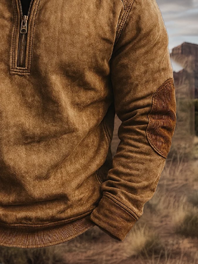 Men's Vintage Distressed Corduroy Stitching Zipper Collar Long-Sleeved Sweatshirt