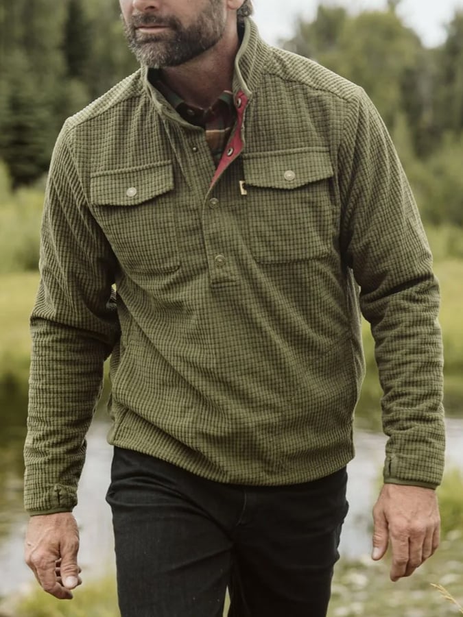 Men'S Stylish Waffle Colorblock Casual Henley Sweatshirt