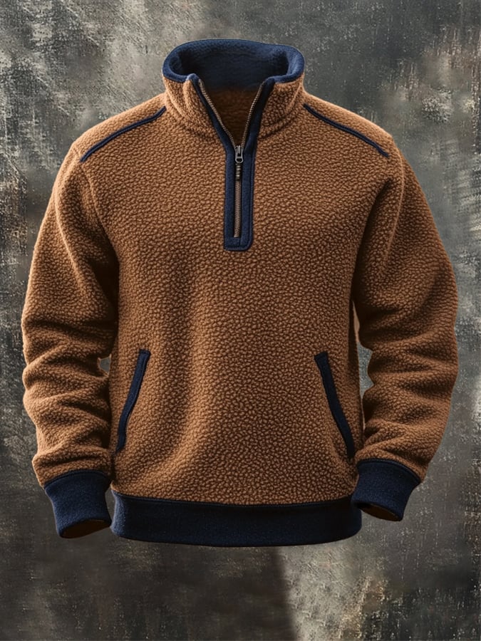 Men's Vintage Lambskin Splicing Zipper Long Sleeve Sweatshirt