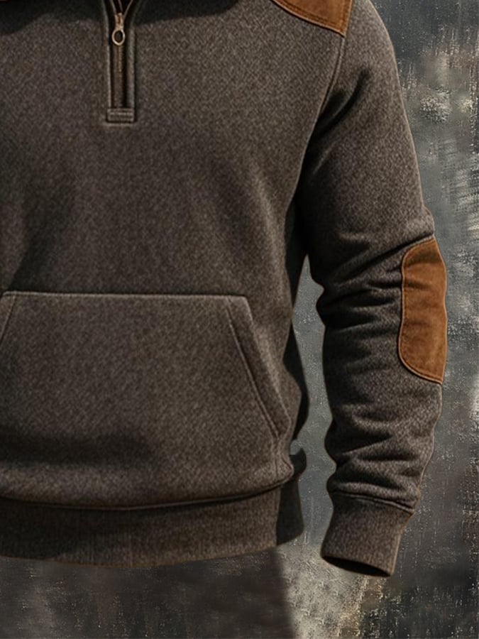 Men's Retro Warm Splicing Zipper Fur Collar Long Sleeve Sweatshirt