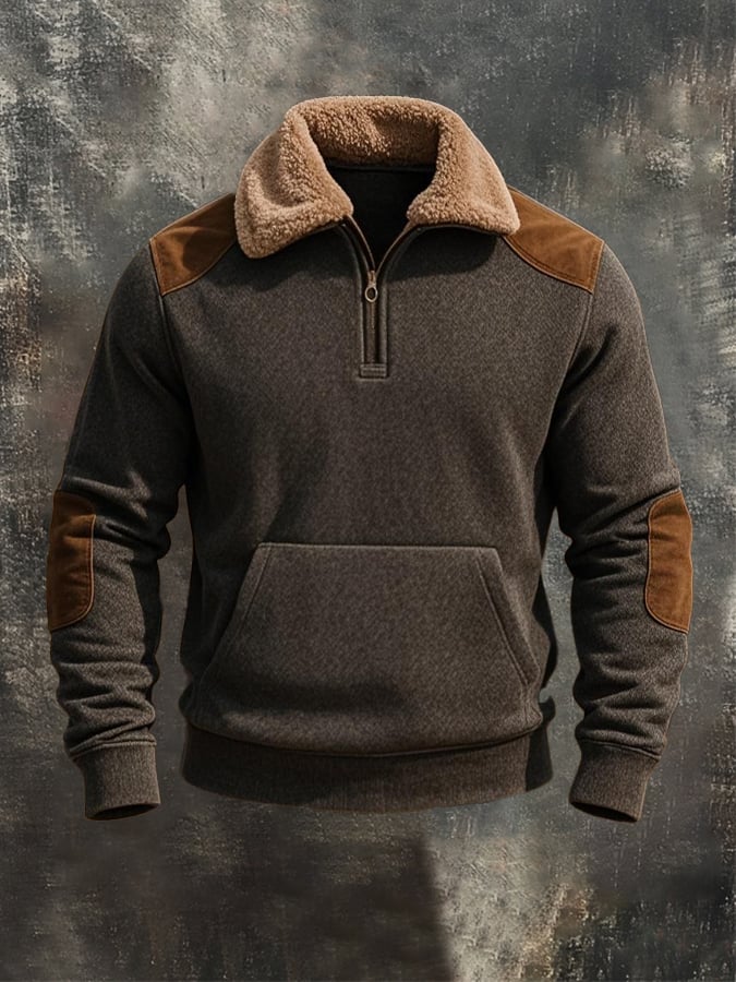 Men's Retro Warm Splicing Zipper Fur Collar Long Sleeve Sweatshirt