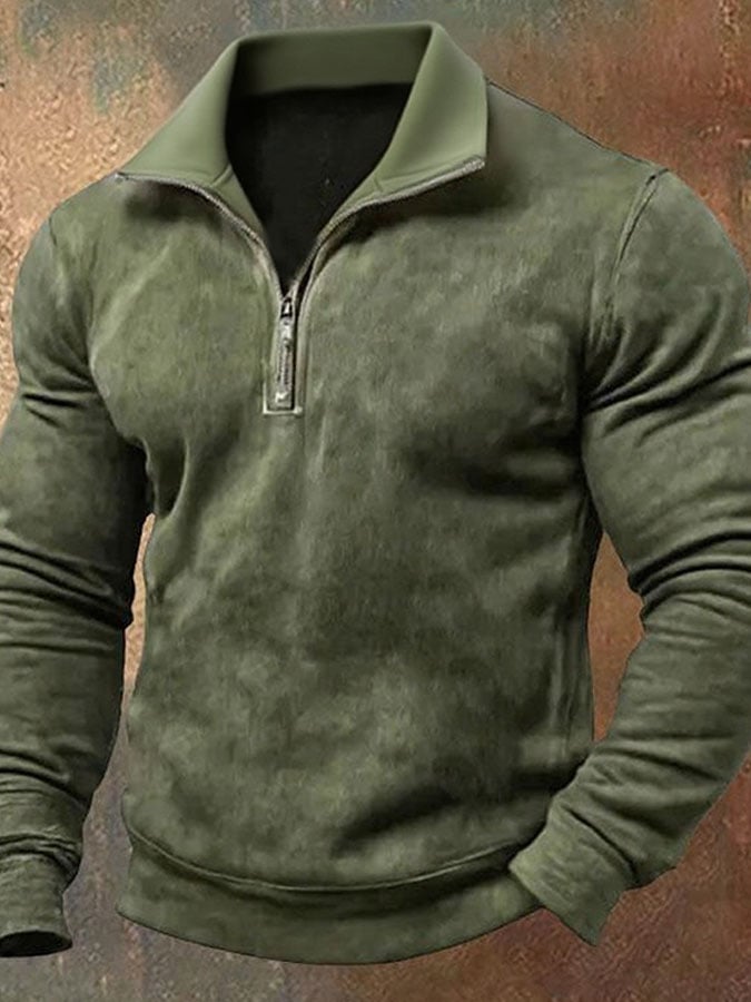 Men's Vintage Outdoor Army Green Suede Colorblock Stitching Pockets Quarter Zip Stand Collar Long Sleeve Sweatshirt