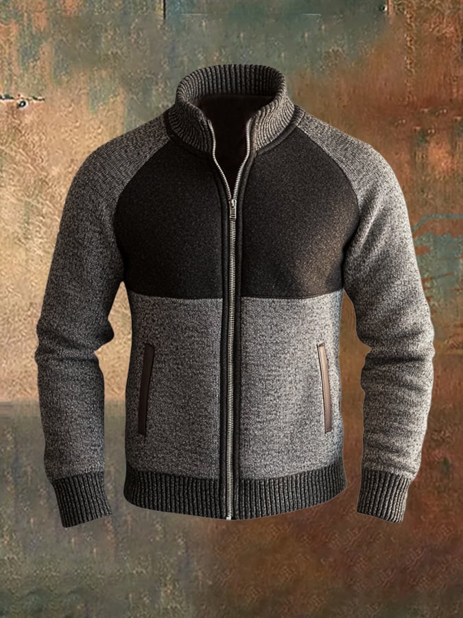 Men's Retro Stitching Contrast Leather Zipper Stand Collar Sweater Jacket
