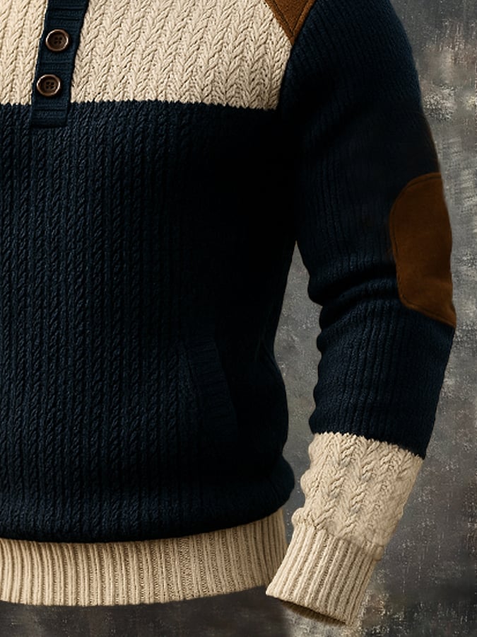 Men's Retro Stitching Contrast Color Button Stand Collar Wool Fisherman Sweater
