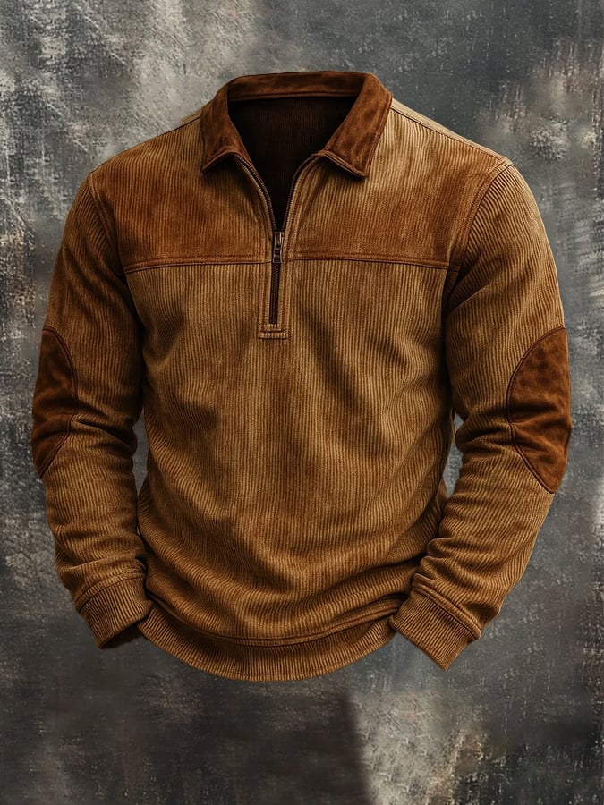 Men's Vintage Distressed Corduroy Zip-Up Collar  Sweatshirt