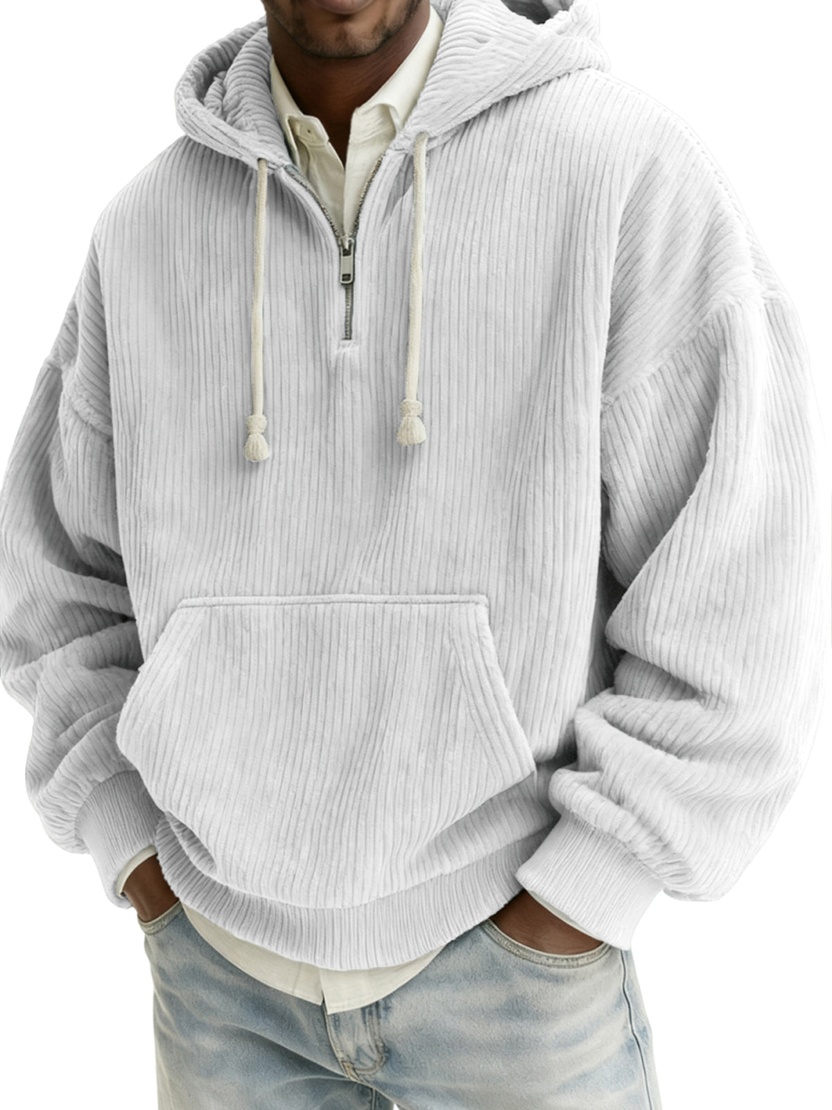 Men's Stylish Quarter-zip Corduroy Hooded Sweatshirt with Kangaroo Pockets
