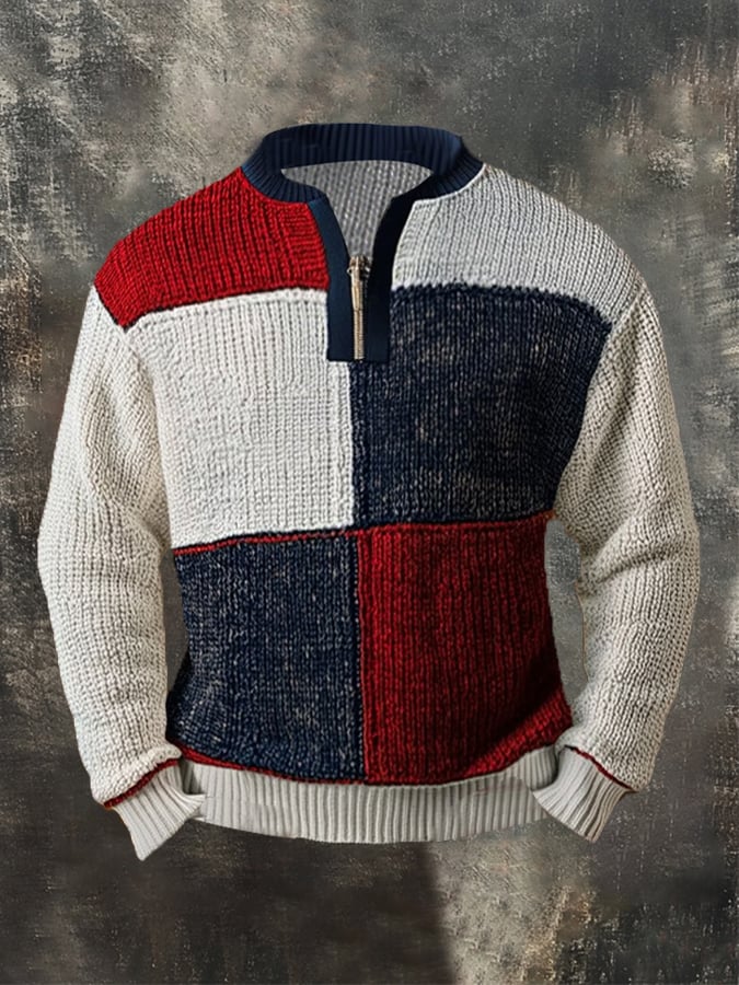 Men's Retro Stitching Contrast Color Zipper Neck Sweater