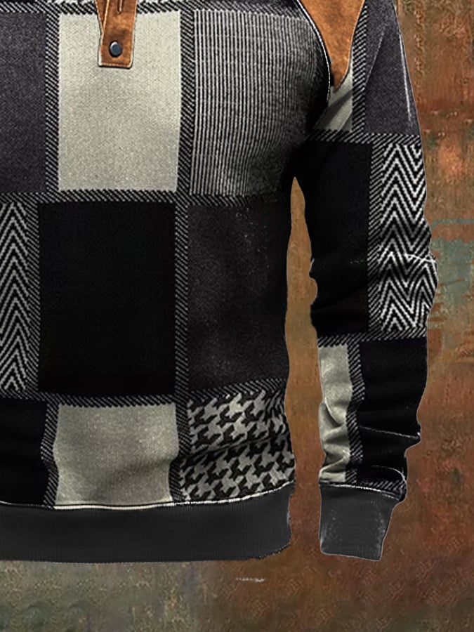 Men'S Casual Retro Contrast Color Stand Collar Long Sleeve Sweatshirt