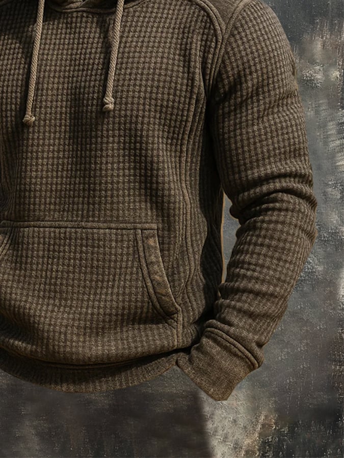 Men's Retro Knitted Waffle 3D Texture Hooded Casual Long-sleeved Sweatshirt