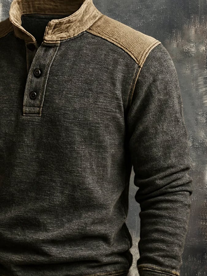 Men'S Casual Retro Contrast Color Stand Collar Long Sleeve Sweatshirt