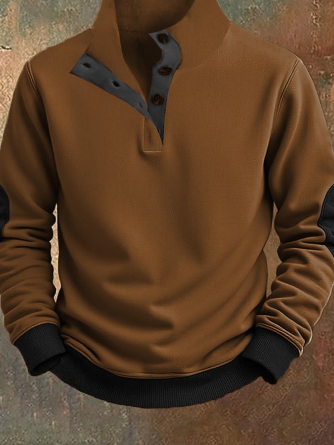 Men'S Casual Retro Contrast Color Stand Collar Long Sleeve Sweatshirt