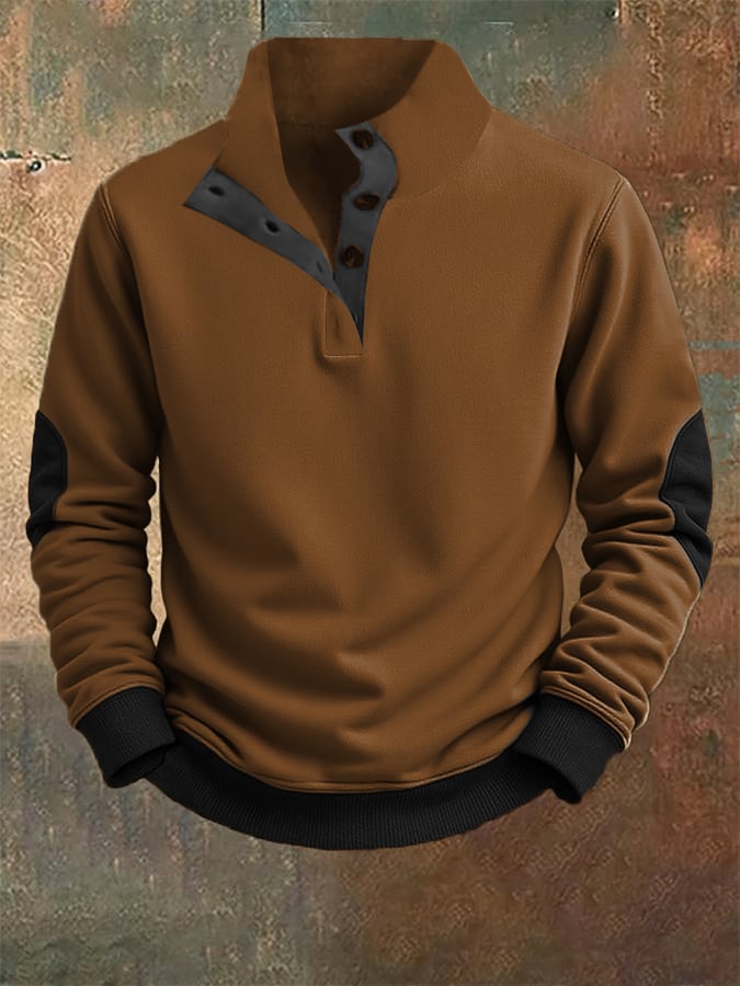 Men'S Casual Retro Contrast Color Stand Collar Long Sleeve Sweatshirt