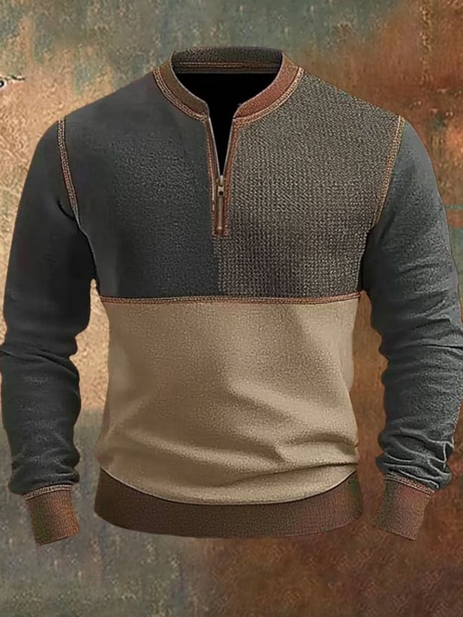 Men'S Casual Retro Contrast Color Half Zip Stand Collar Long Sleeve Sweatshirt