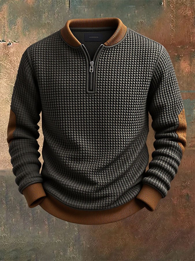 Men's Casual Retro Solid Color Half Zip Stand Collar Waffle Sweatshirt