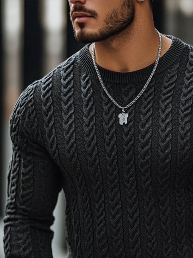 Men'S Fashionable High Elastic Cable Texture Knitted Round Neck Sweater Top