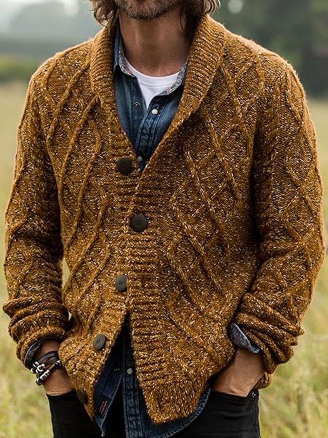 Men's Retro Diamond Pattern Knitted Cardigan Sweater Autumn and Winter Thickened Wool Sweater Jacket